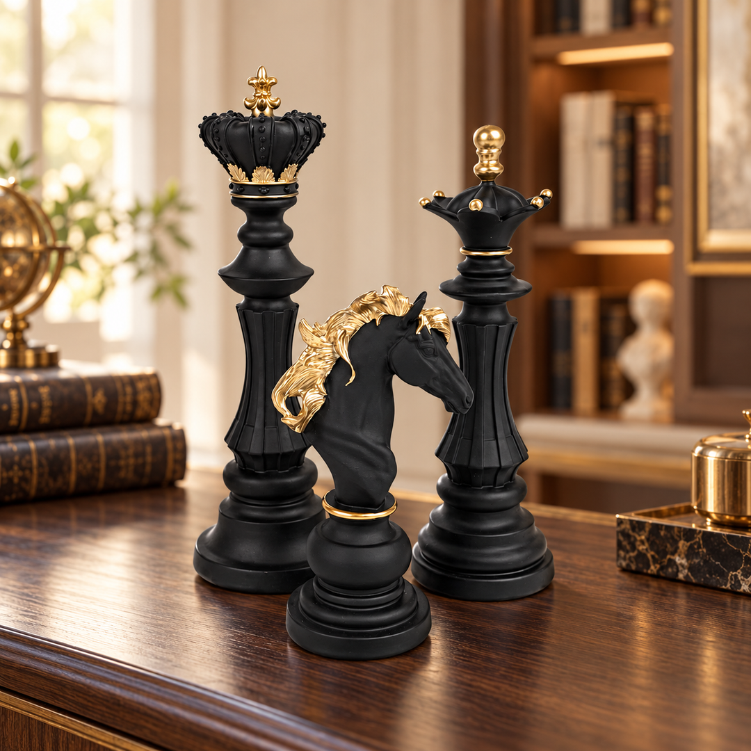 AI-styled decorative interior visualization of Royal Chess Set – 3 Pieces – Black, SKU AC-1037. Illustrative setting, not a customer installation or measurement; refer to original product photo for exact design and detail.