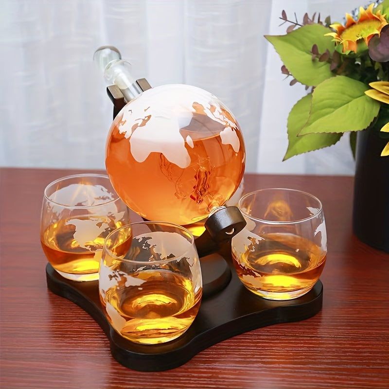 Supplier illustration only: filled globe decanter with an internal ship and staged glasses. Not a statement of included quantity; refer to the first photo and listed set contents.