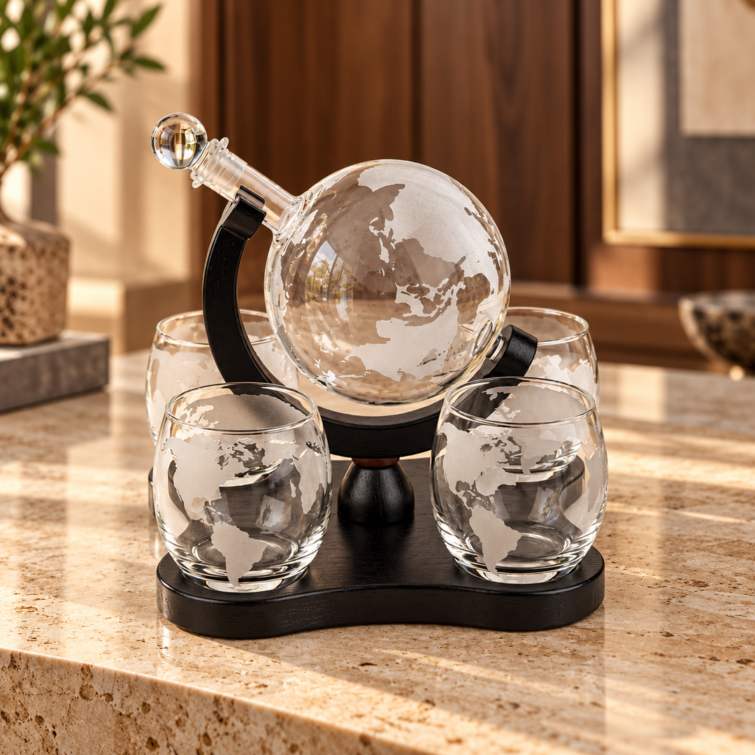 AI-styled decorative interior visualization of Globe Whiskey Set – 5 Pieces, SKU AC-1038. Illustrative setting, not a customer installation or measurement; refer to original product photo for exact design and detail.