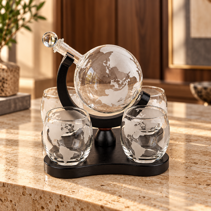 AI-styled decorative interior visualization of Globe Whiskey Set – 5 Pieces, SKU AC-1038. Illustrative setting, not a customer installation or measurement; refer to original product photo for exact design and detail.