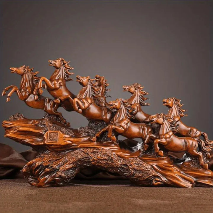 Temu supplier image of the brown eight-horse sculpture with its small square seal and textured log-style base.