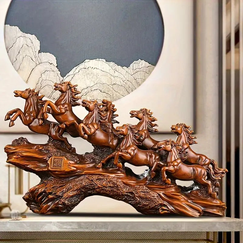 Temu supplier display image of the brown eight running horses showpiece; decorative setting is not a scale reference.