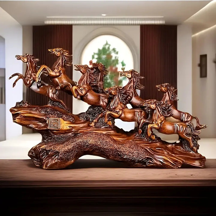 Temu supplier image of the brown eight running horses sculpture from another front angle; staged background is not a scale reference.