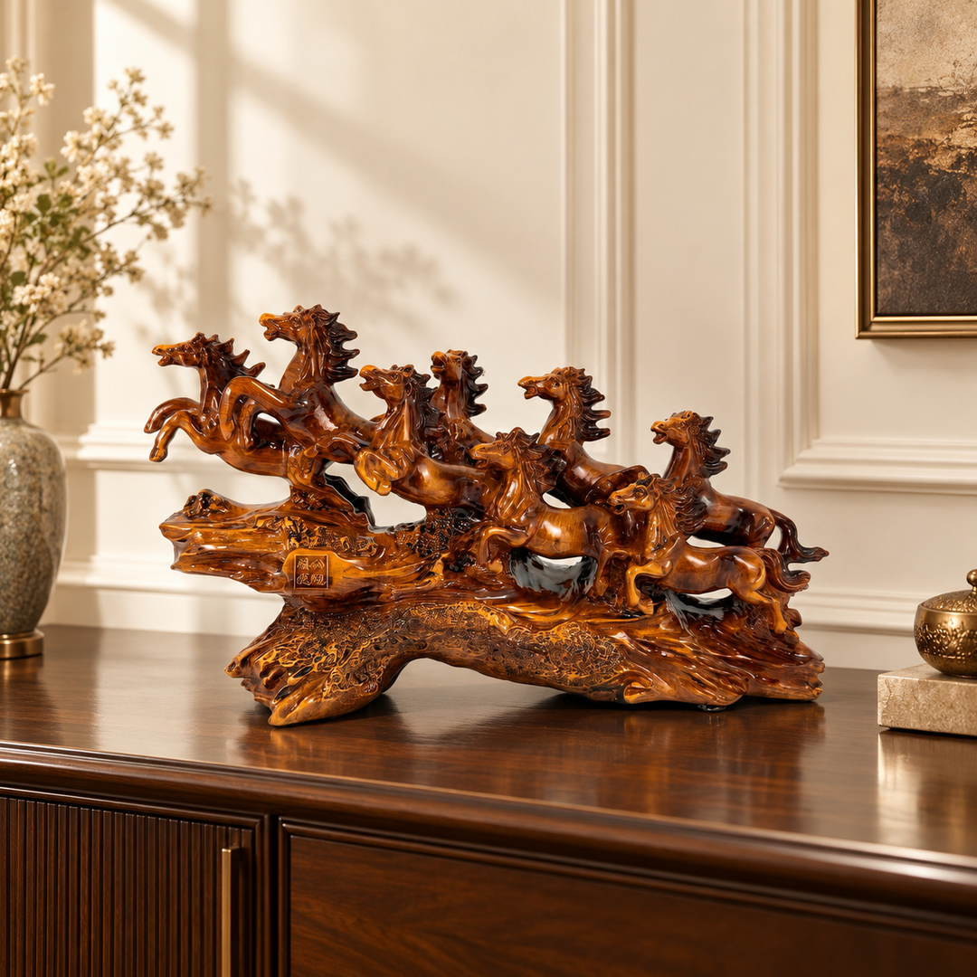 AI-styled decorative interior visualization of Eight Running Horses Showpiece – Brown, SKU AC-1039. Illustrative setting, not a customer installation or measurement; refer to original product photo for exact design and detail.
