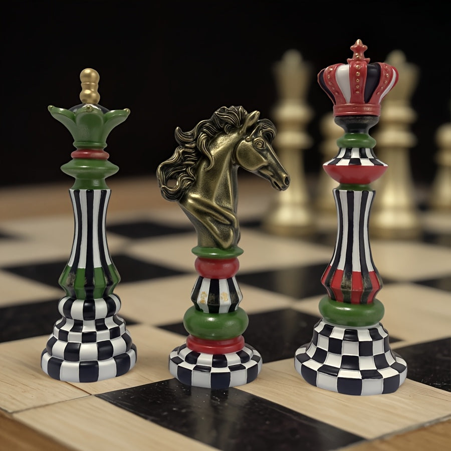 Temu supplier image of the decorative king, queen and knight with black-and-white patterns and red, green and gold-tone accents on a checkerboard display background.