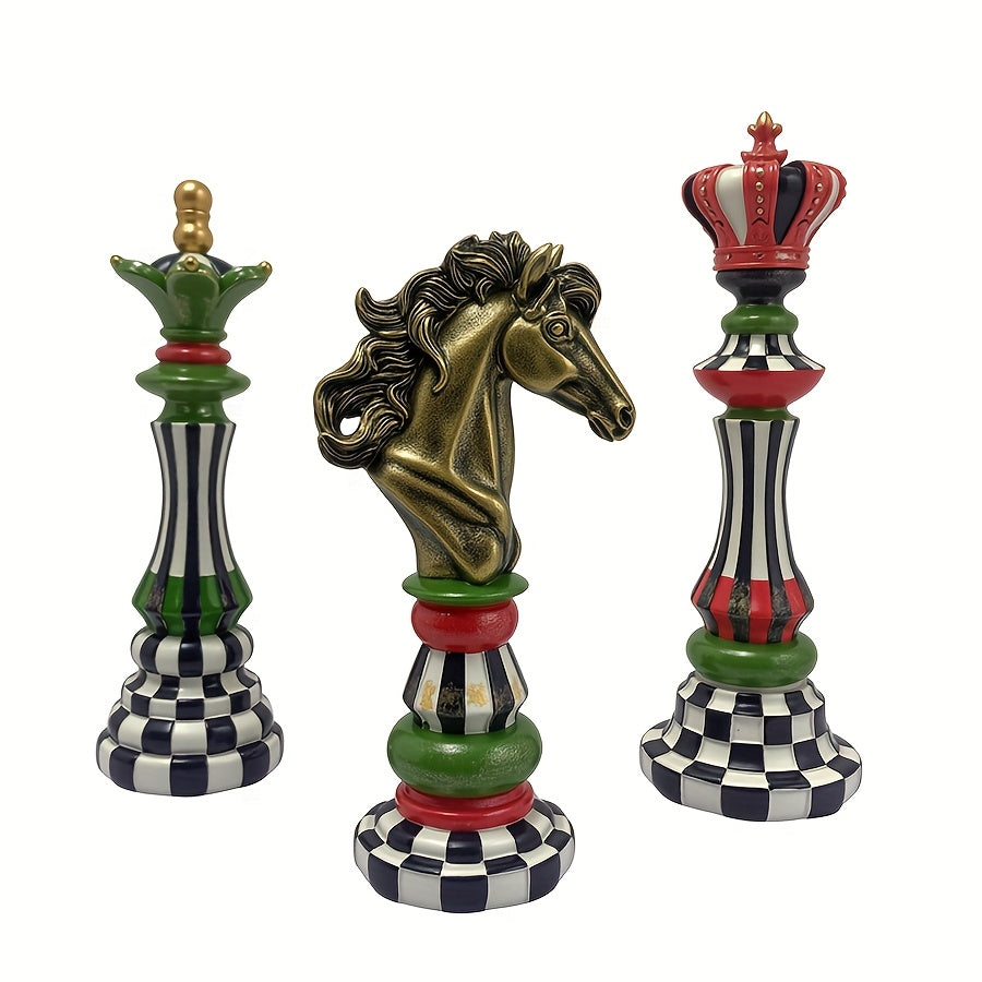 Temu supplier photograph of the three decorative chess pieces separately arranged on a white background, showing the gold-tone knight in profile.