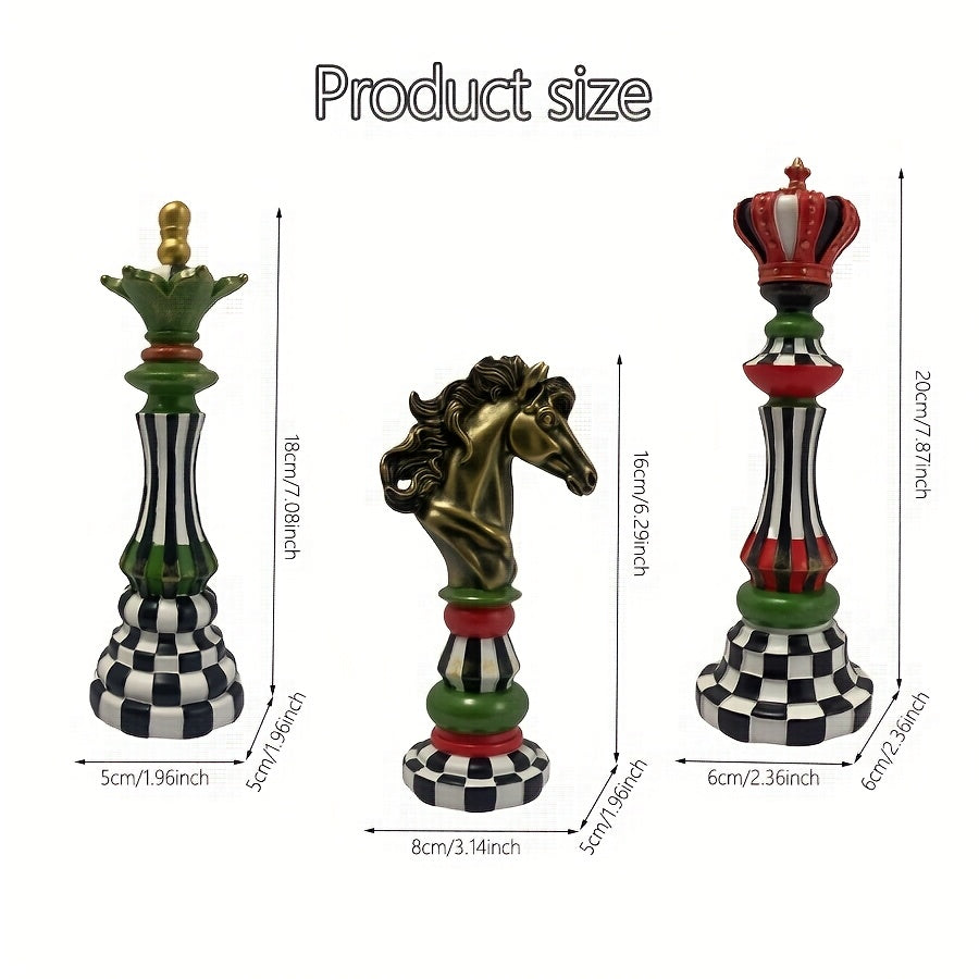 Temu supplier size guide showing king height 20 cm, queen height 18 cm, knight height 16 cm and the marked overall dimensions of each decorative piece.