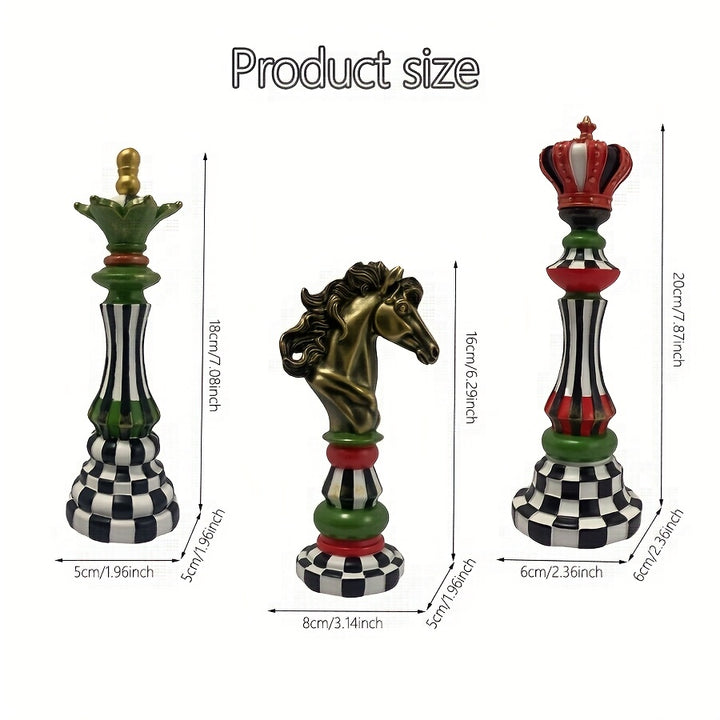 Temu supplier size guide showing king height 20 cm, queen height 18 cm, knight height 16 cm and the marked overall dimensions of each decorative piece.