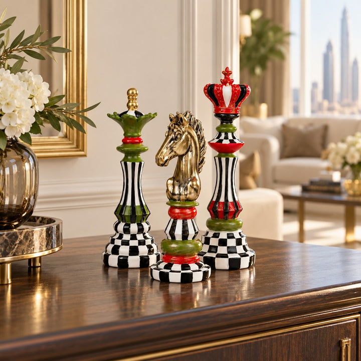 AI-generated interior visualization of AC-1040 decorative chess set; king 20 cm, queen 18 cm, knight 16 cm high. Styling illustration, not a customer installation.