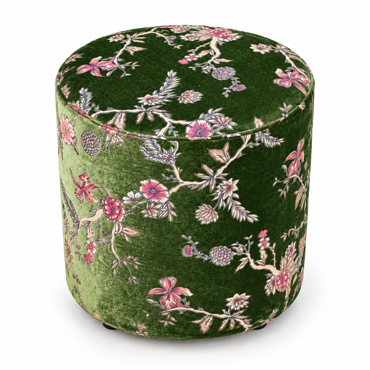 Green vintage floral round stool on a white background
