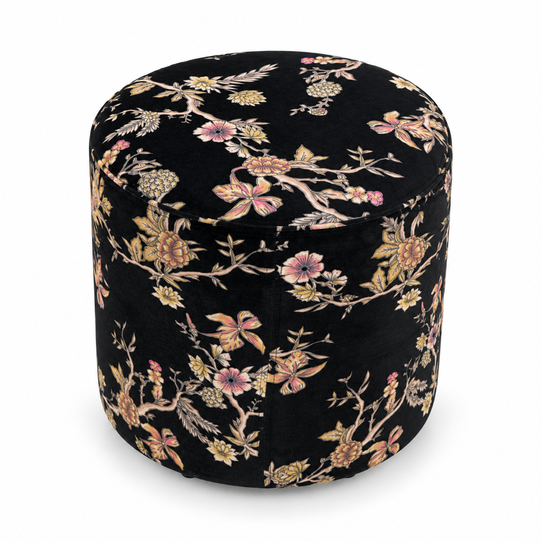 Black vintage floral round stool on a white background