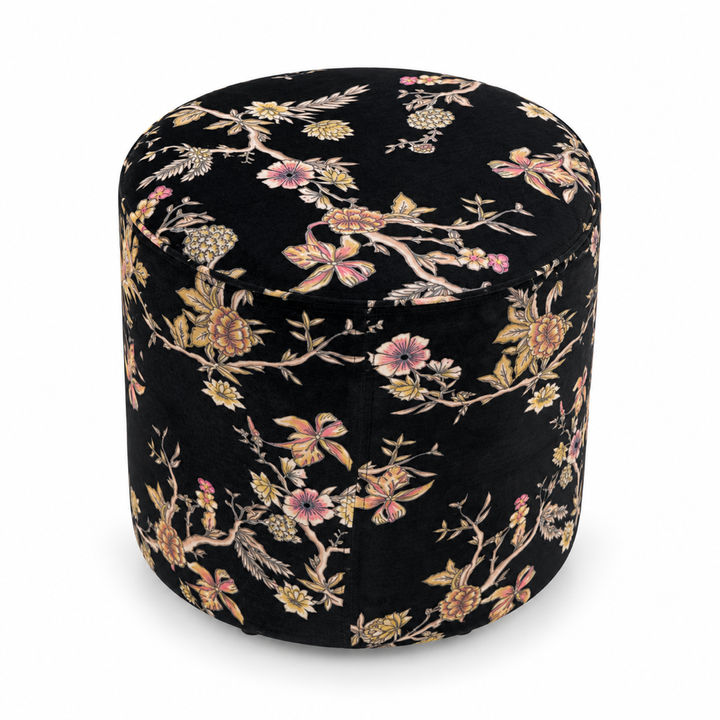 Black vintage floral round stool on a white background