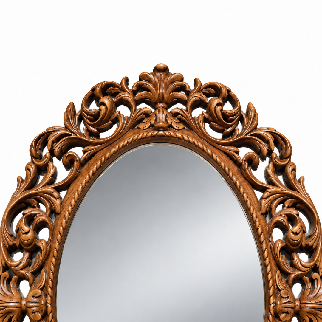 Royal Scroll Oval Mirror brown upper crest and rope-edge detail, clean silver mirror glass and white background