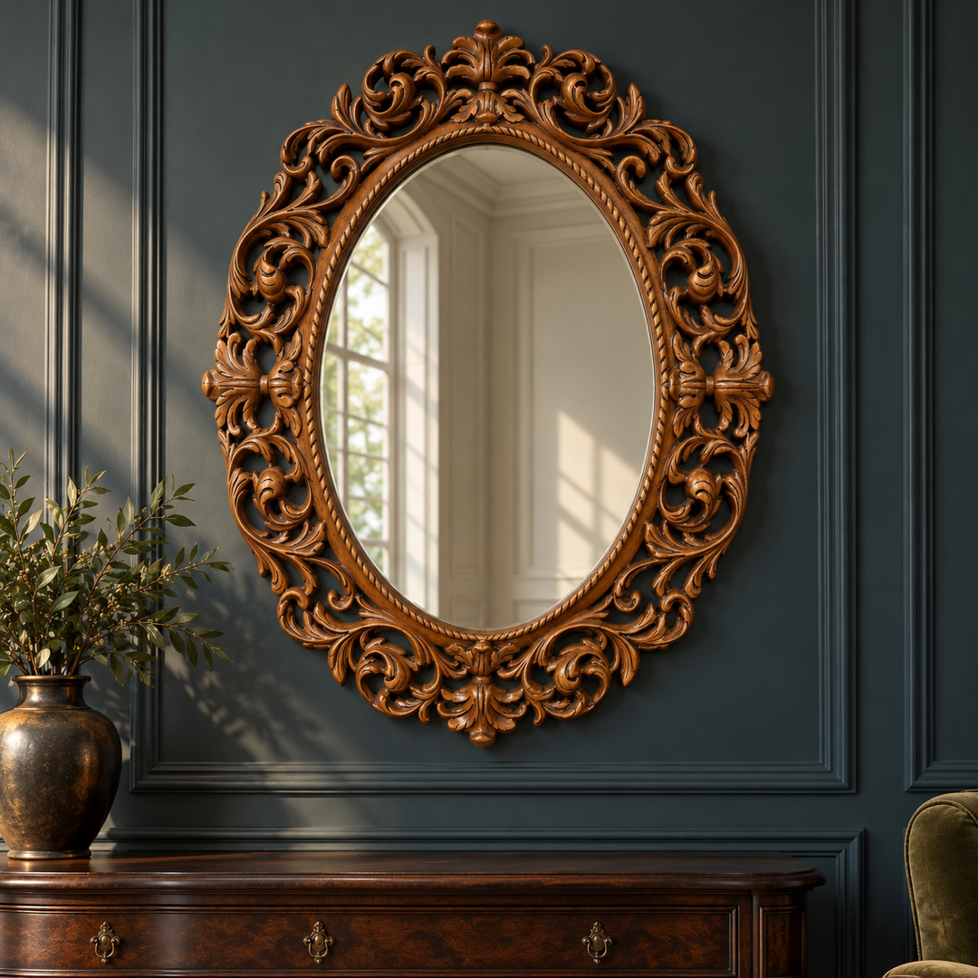 Royal Scroll Oval Mirror in a dark classic interior with natural window reflections — AI-styled interior
