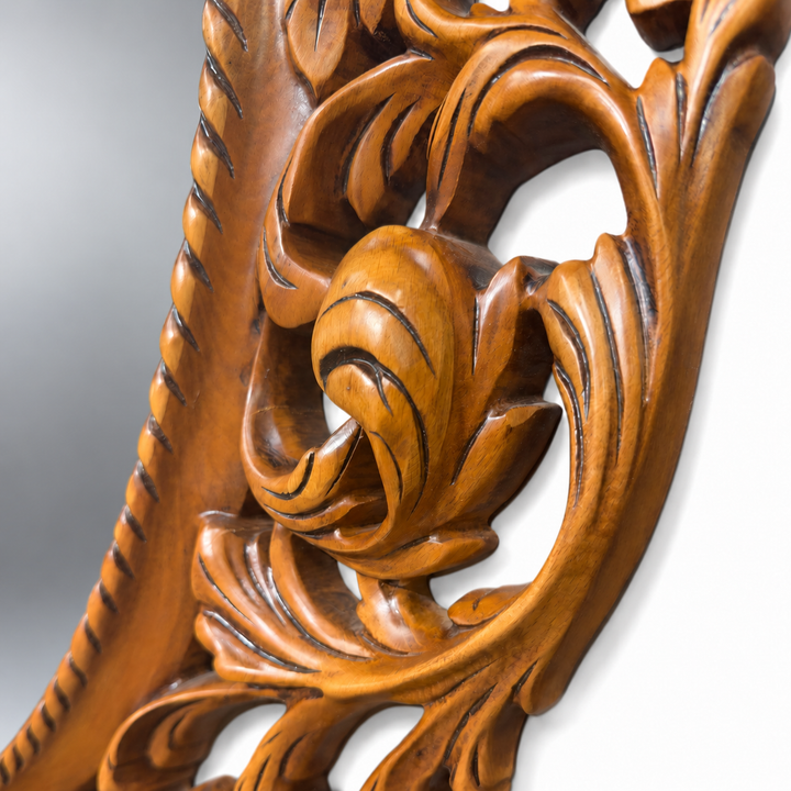 Royal Scroll Oval Mirror brown leaf and scroll detail, clean silver mirror glass and white background
