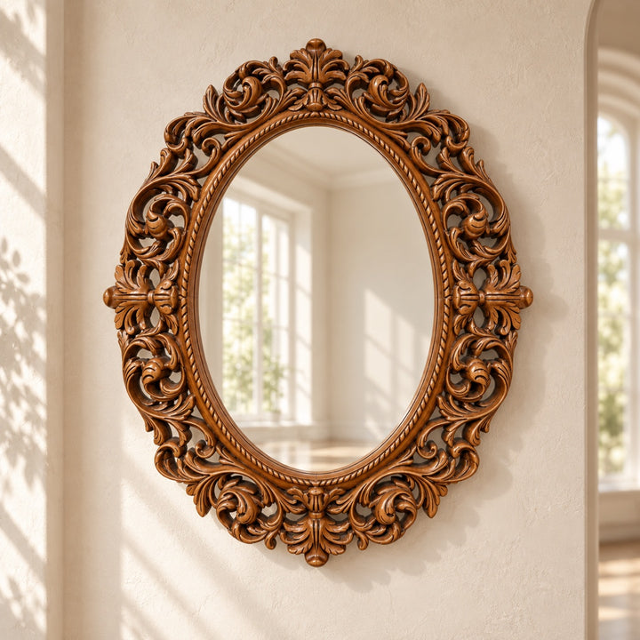 Royal Scroll Oval Mirror on an ivory wall — AI-styled interior