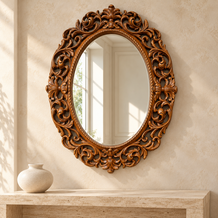 Royal Scroll Oval Mirror in a warm minimalist interior with natural window reflections — AI-styled interior