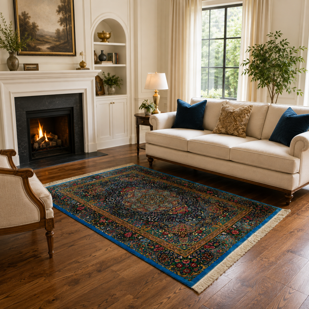 Medallion Persian handmade silk rug in Blue, 151 × 103 cm