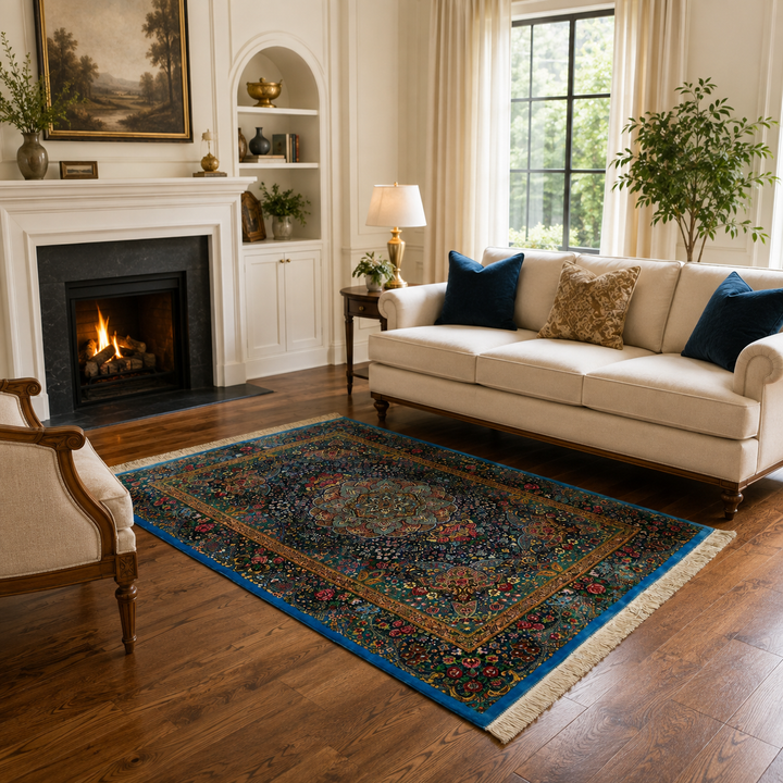 Medallion Persian handmade silk rug in Blue, 151 × 103 cm