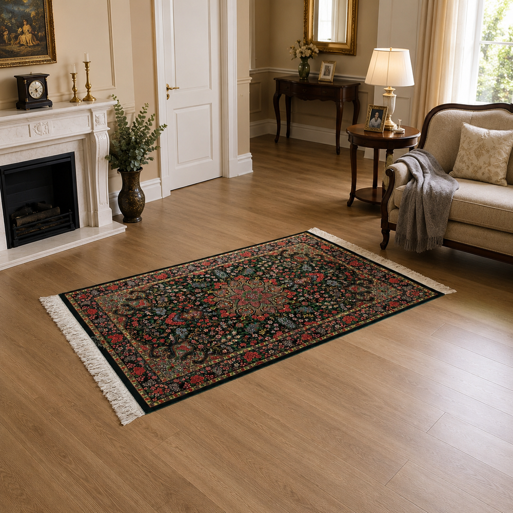 Central Medallion Persian handmade silk rug in Green, 119 × 78 cm