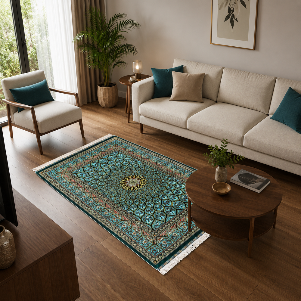 Islamic Persian handmade silk rug in Green, 123 × 81 cm