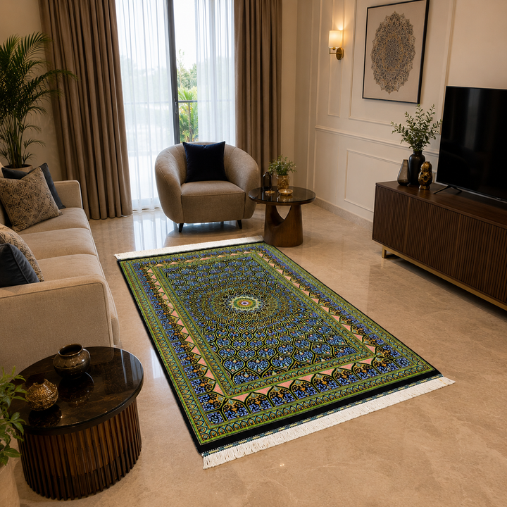 Islamic Persian handmade silk rug in Black, 125 × 78 cm