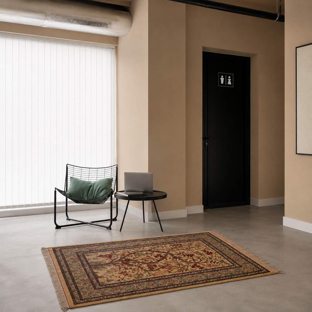 Life Tree Persian handmade silk rug in Beige, 123 × 83 cm