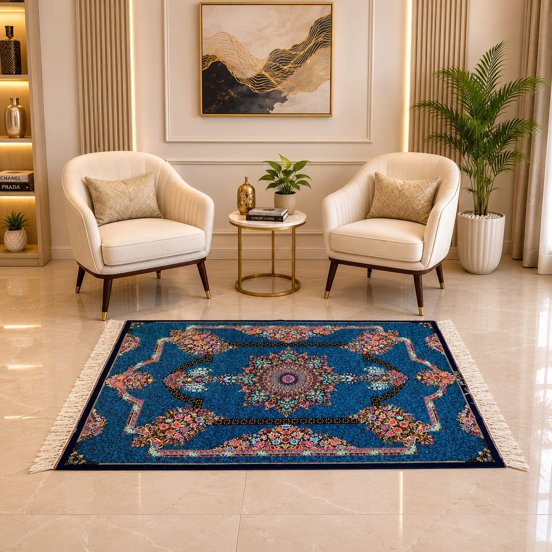 Corner Medallion Persian handmade silk rug in Blue, 150 × 100 cm