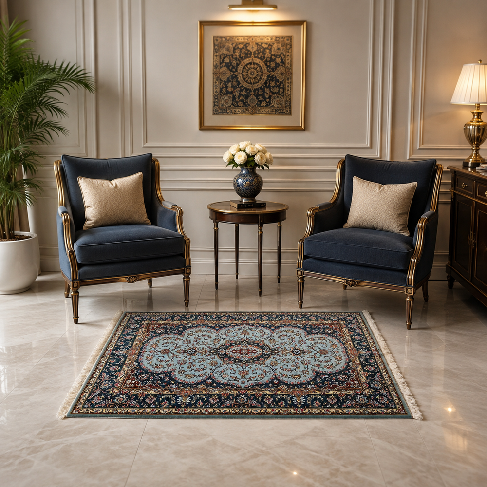 Central Medallion Persian handmade silk rug in Light Blue, 155 × 101 cm