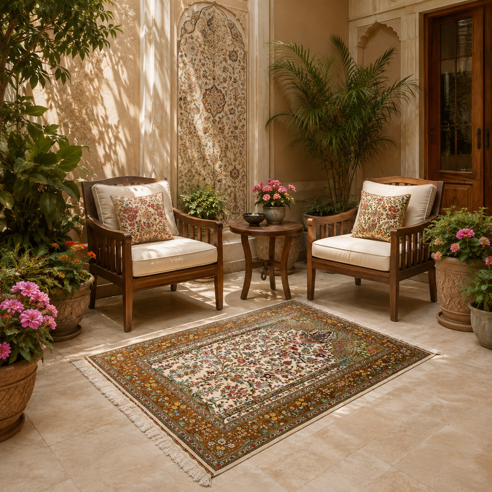 Life Tree Persian handmade silk rug in Beige, 151 × 98 cm