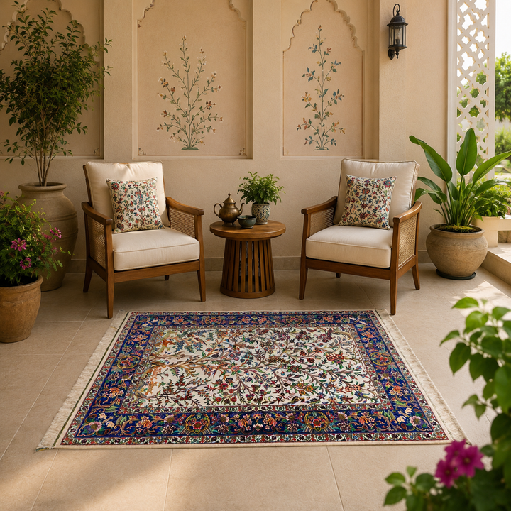 Life Tree Persian handmade silk rug in Cream, 147 × 98 cm