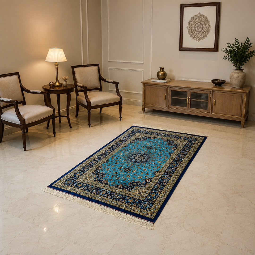 Central Medallion Persian handmade silk rug in Blue, 142 × 97 cm