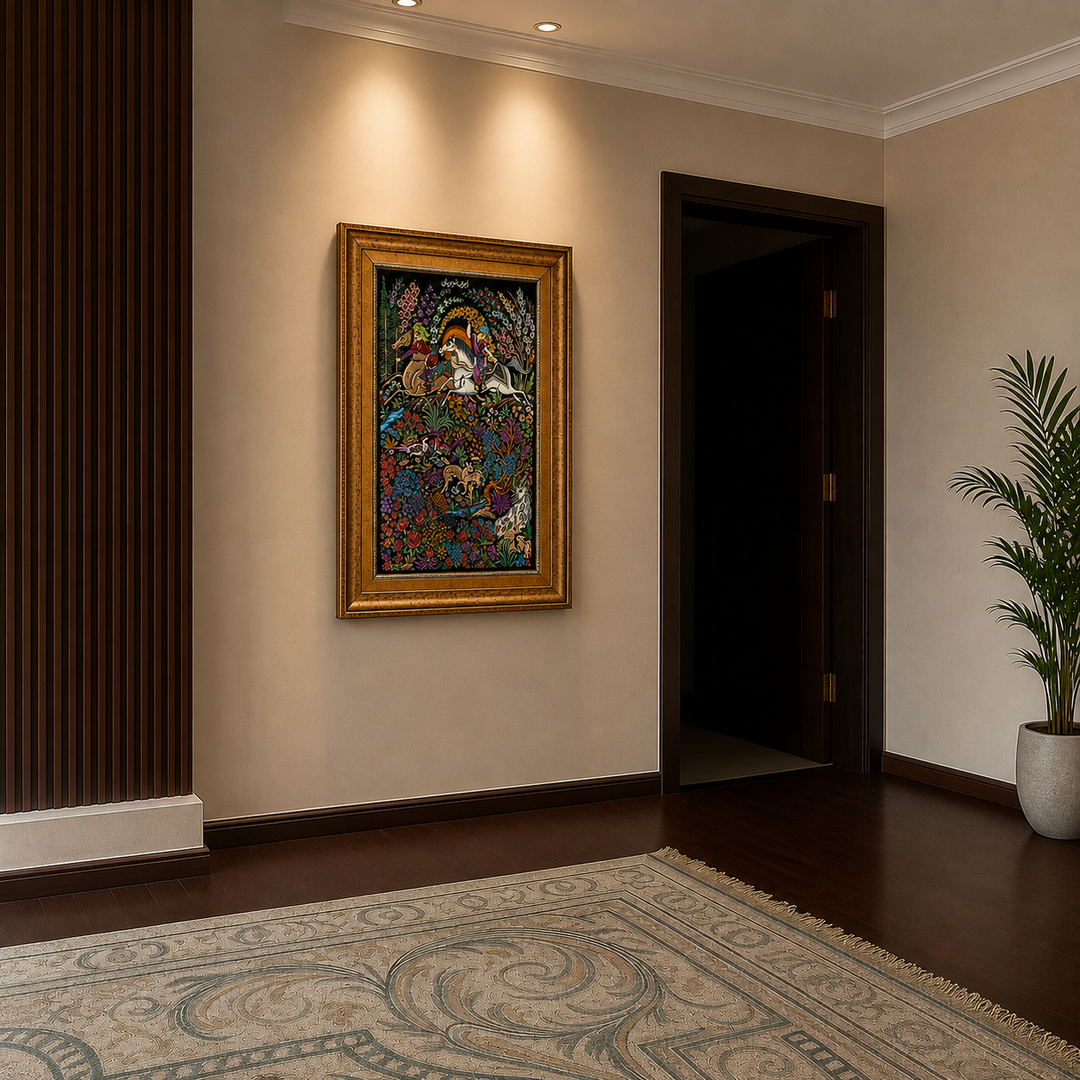 Hunting Persian handmade silk rug in Black, 68 × 42 cm