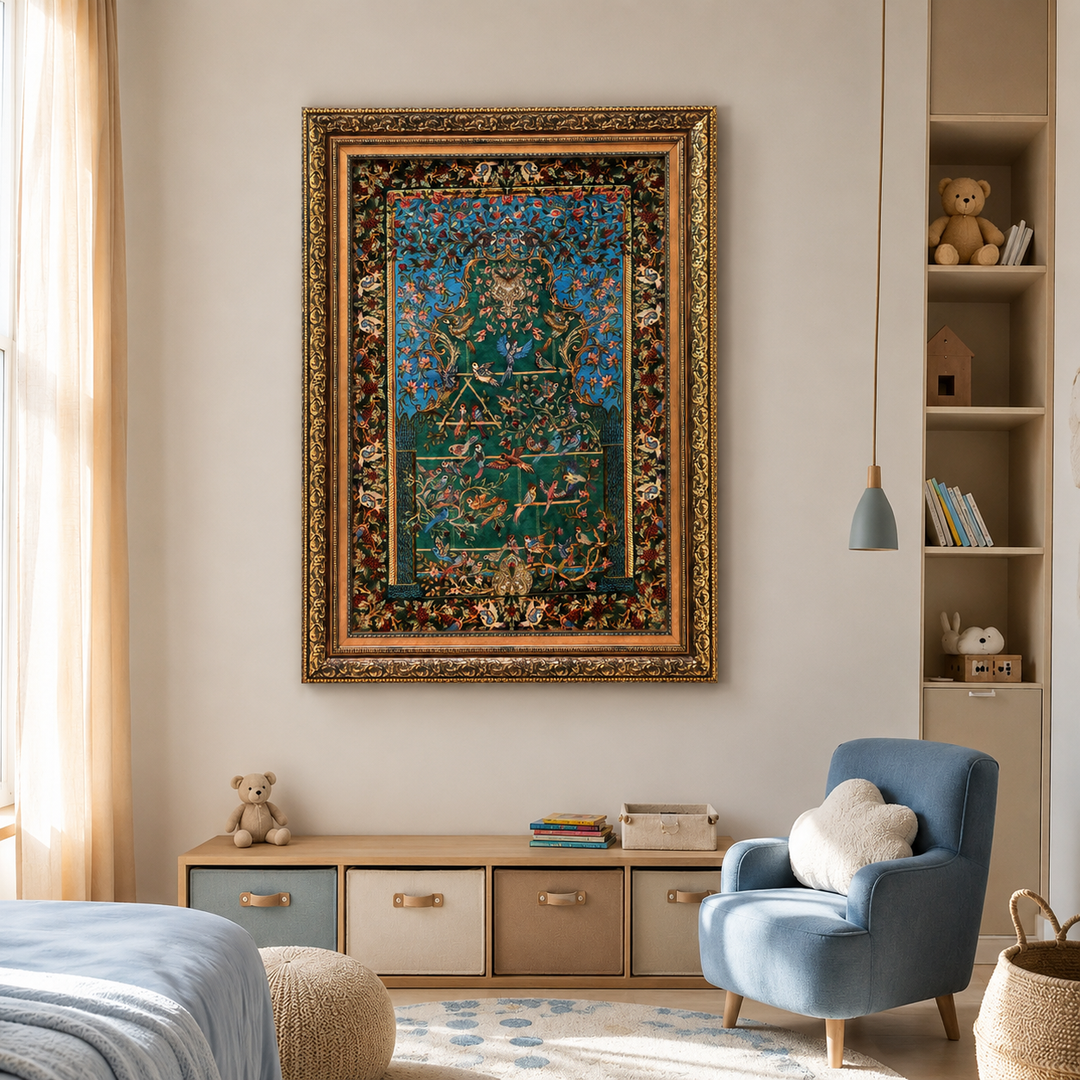Bird Garden Persian handmade silk rug in Green, 120 × 80 cm