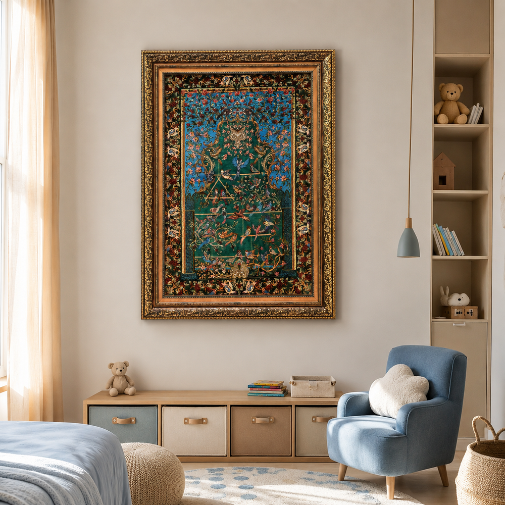 Bird Garden Persian handmade silk rug in Green, 120 × 80 cm