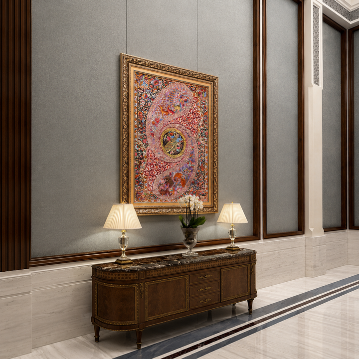 Figural Boteh Medallion Persian handmade silk rug in Purple, 116 × 80 cm