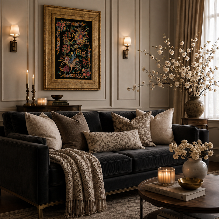 Hunting Persian handmade silk rug in Dark Brown, 60 × 41 cm