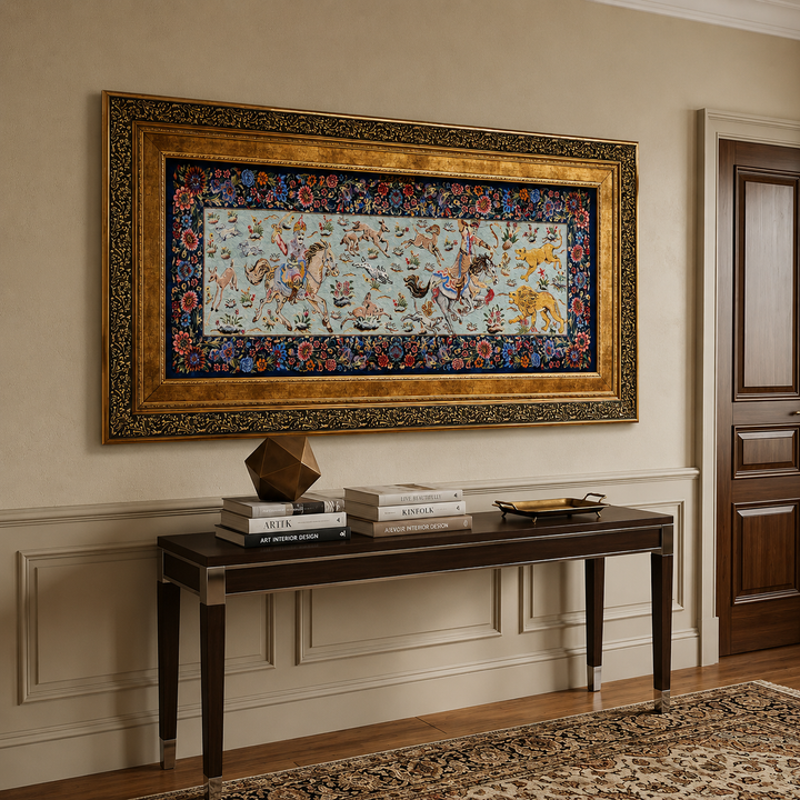 Hunting Persian handmade silk rug in Dark Blue, 95 × 40 cm