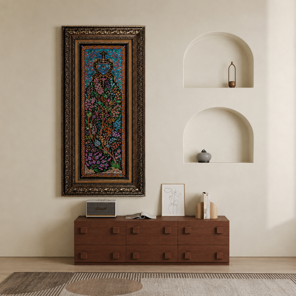 Life Tree Persian handmade silk rug in Black, 93 × 33 cm
