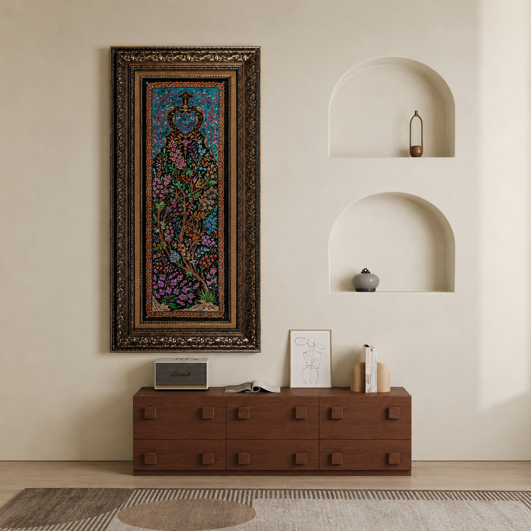 Life Tree Persian handmade silk rug in Black, 93 × 33 cm