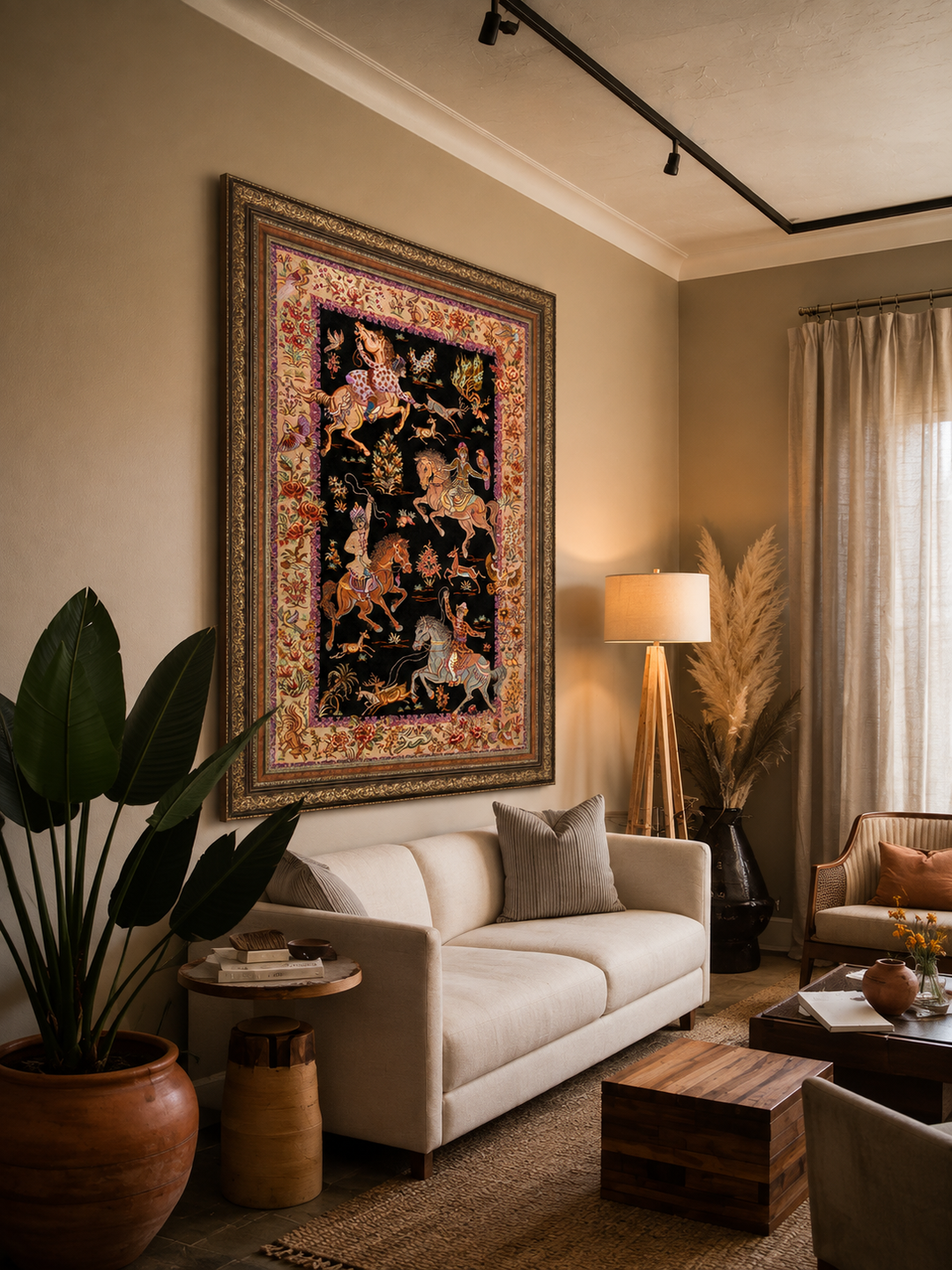 Hunting Persian handmade silk rug in Black, 121 × 80 cm