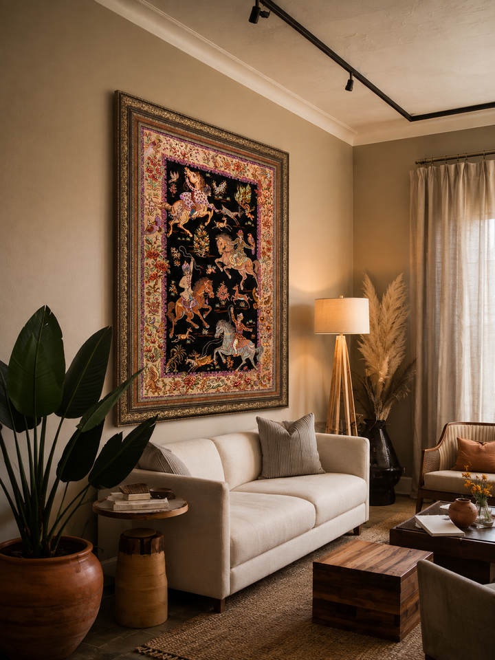 Hunting Persian handmade silk rug in Black, 121 × 80 cm
