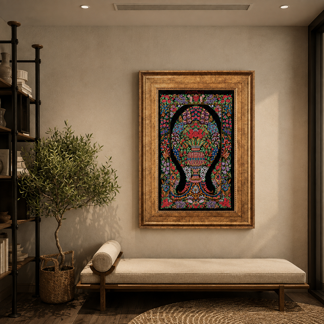Vase of flowers Persian handmade silk rug in Black, 66 × 40 cm