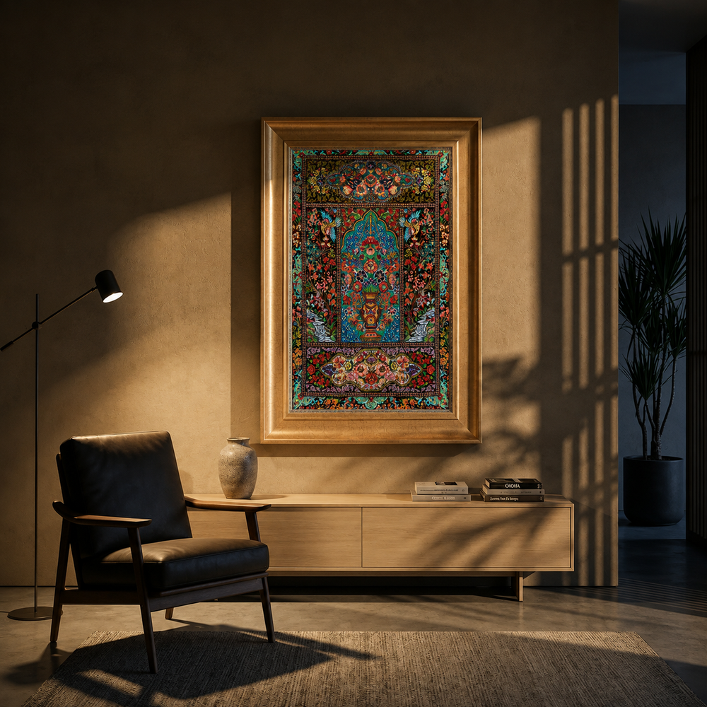 Panel Persian handmade silk rug in Black, 67 × 42 cm