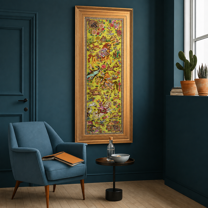 Hunting Persian handmade silk rug in Light Green, 90 × 29 cm