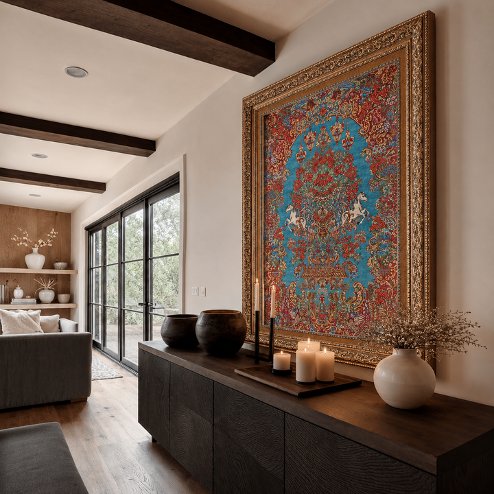Equestrian Bloom Persian handmade silk rug in Purple, 95 × 59 cm