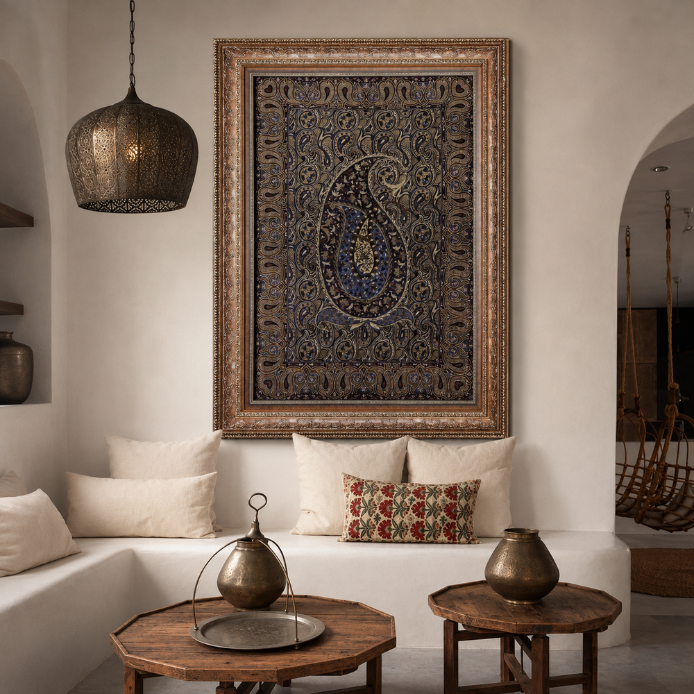 Paisley Persian handmade silk rug in Black, 109 × 78 cm
