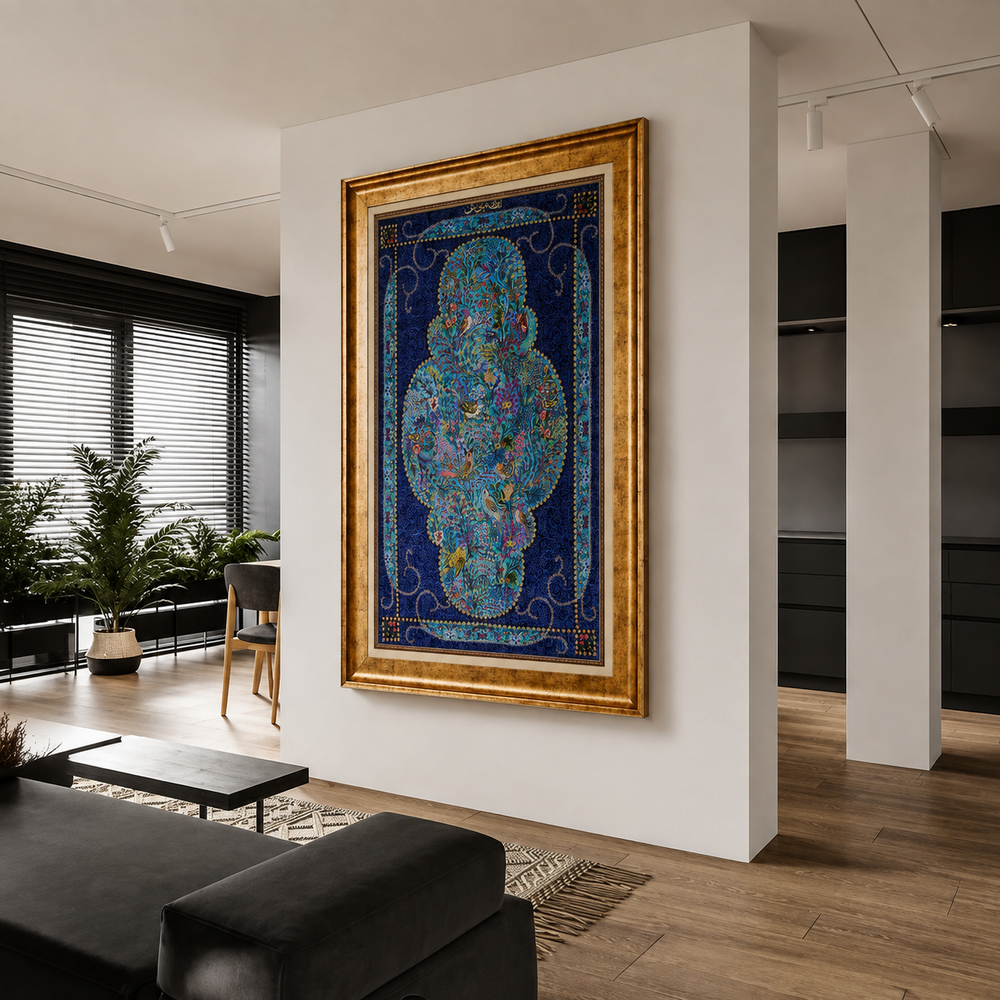 Bird Garden Persian handmade silk rug in Dark Blue, 87 × 59 cm