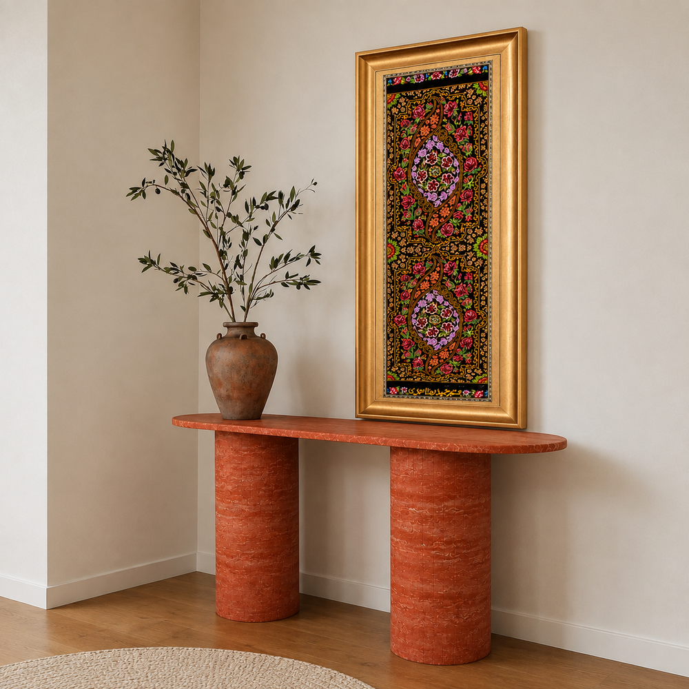 Vase of flowers Persian handmade silk rug in Dark Brown, 73 × 24 cm