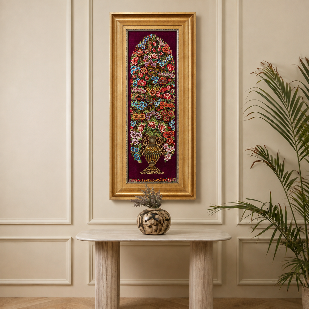 Bouquet Persian handmade silk rug in Purple, 74 × 24 cm